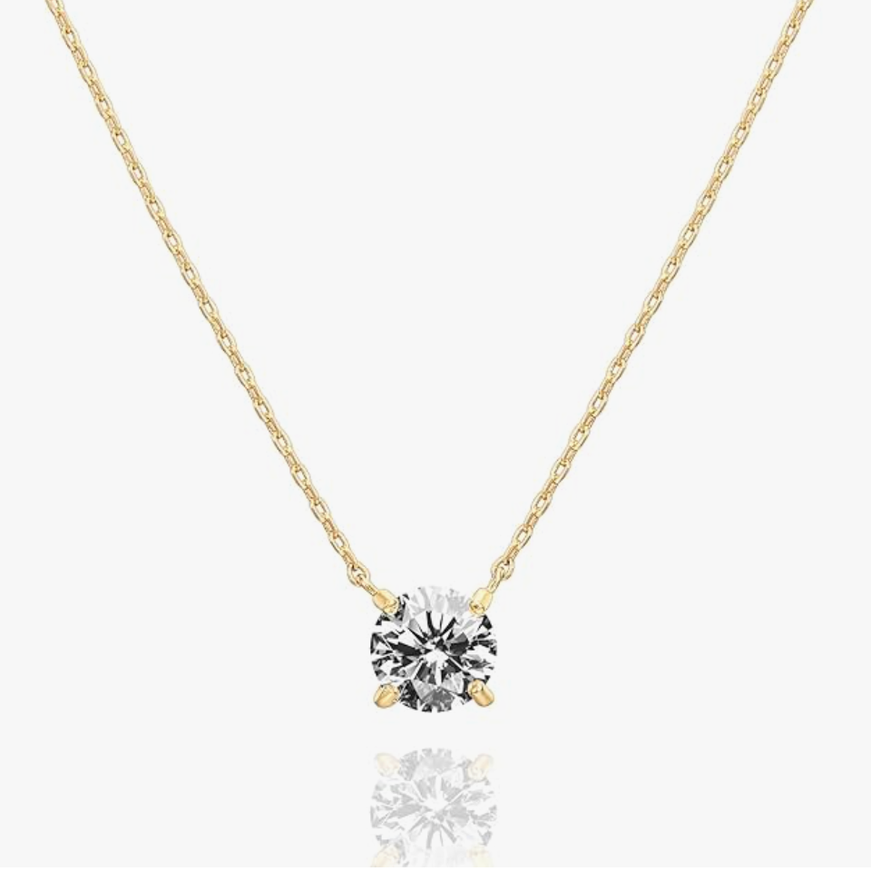 Crystal Solitaire 1.5 Carat Cubic Zirconia Dainty Necklace (Yellow Gold)